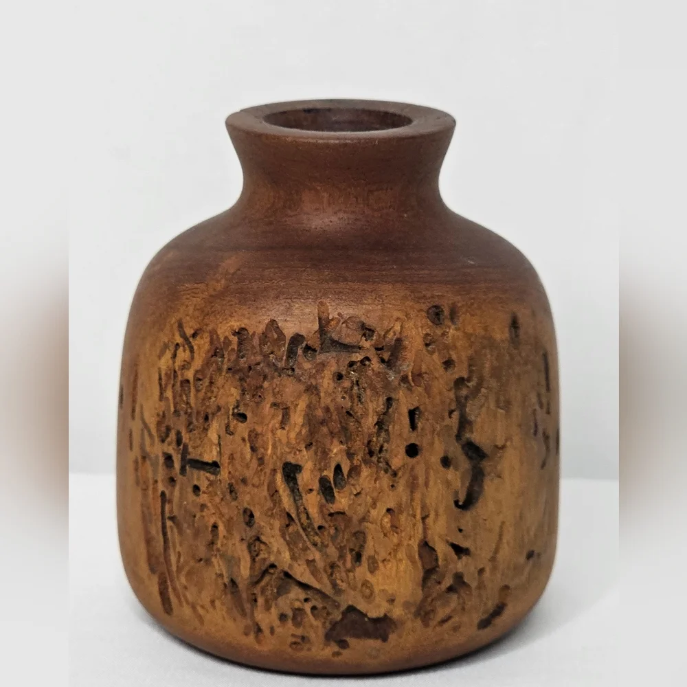 Artisan Carved Burl Wood Bud Vase Vintage Rustic Decor Natural Wood Grain Textur